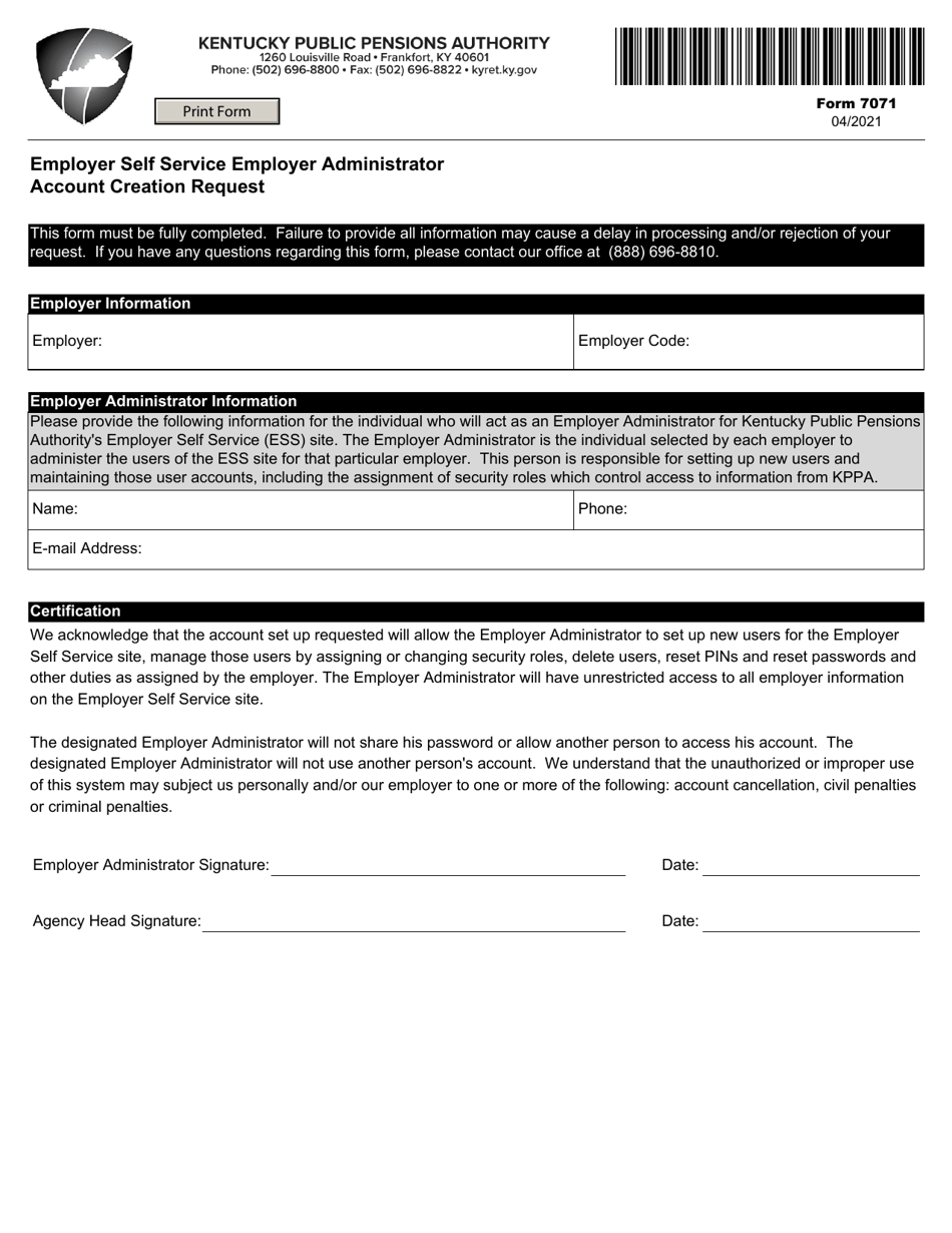 Form 7071 Employer Self Service Employer Administrator Account Creation Request - Kentucky, Page 1