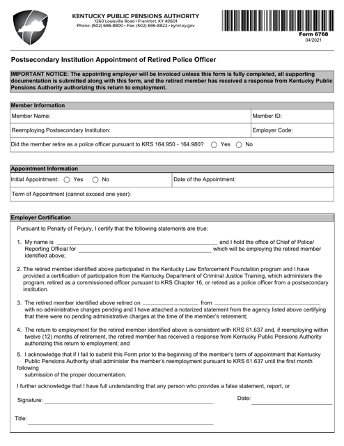 Form 6768 Postsecondary Institution Appointment of Retired Police Officer - Kentucky