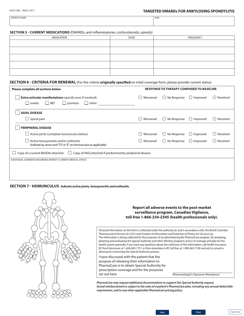 Form HLTH5366 Special Authority Request - Targeted Dmards for Ankylosing Spondylitis Renewal / Dosing Adjustment - British Columbia, Canada, Page 2