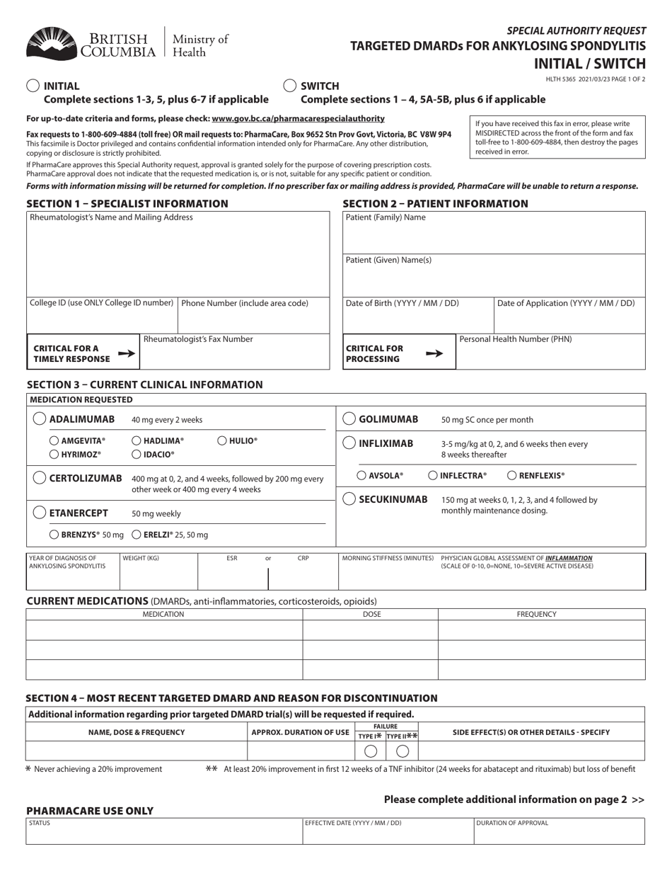 Form HLTH5365 Special Authority Request - Targeted Dmards for Ankylosing Spondylitis - Initial / Switch - British Columbia, Canada, Page 1