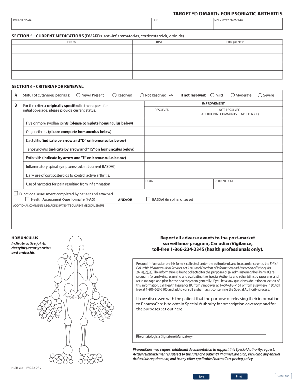 Form HLTH5361 Pharmacare Special Authority Request - Targeted Dmards for Psoriatic Arthritis - Renewal / Dosing Adjustment - British Columbia, Canada, Page 2
