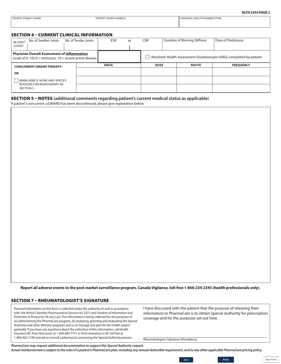 Form HLTH5354 Special Authority Request - Targeted Dmards for Rheumatoid Arthritis Renewal / Dosing Adjustment - British Columbia, Canada, Page 2