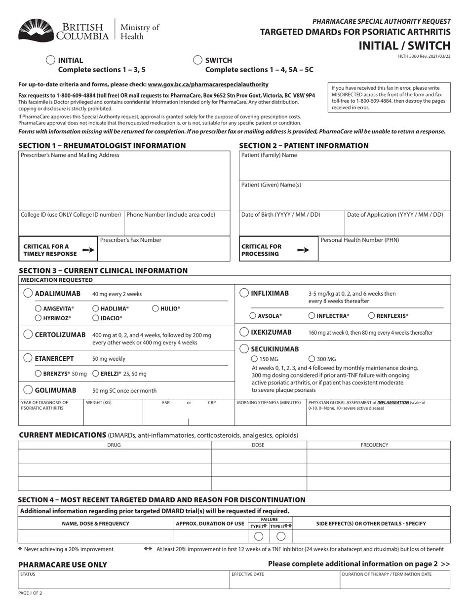 Form HLTH5360 Pharmacare Special Authority - Request Targeted Dmards for Psoriatic Arthritis: Initial / Switch - British Columbia, Canada, Page 1