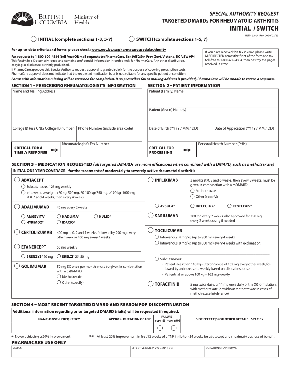 Form HLTH5345 Special Authority Request - Targeted Dmards for Rheumatoid Arthritis: Initial / Switch - British Columbia, Canada, Page 1