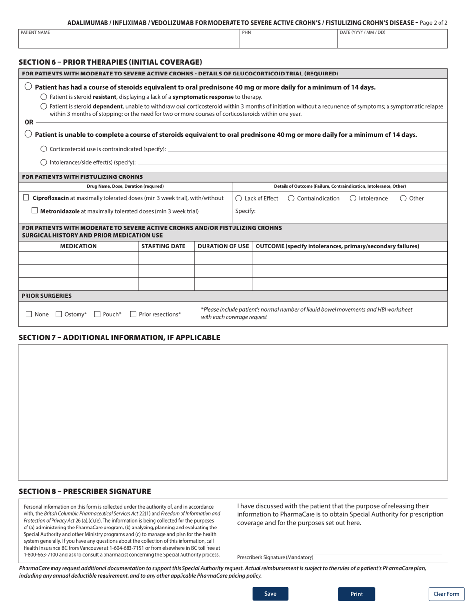 Form HLTH5368 Special Authority Request - Adalimumab / Infliximab / Vedolizumab for Moderate to Severe Active Crohns / Fistulizing Crohns Disease: Initial / Switch Coverage - British Columbia, Canada, Page 2