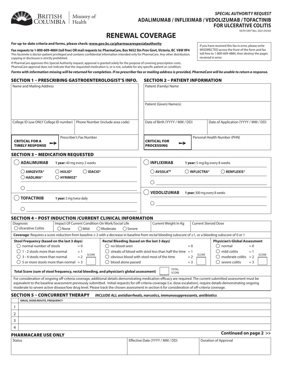 Form HLTH5497 Special Authority Request - Adalimumab / Infliximab / Vedolizumab / Tofactinib for Ulcerative Colitis - Renewal Coverage - British Columbia, Canada, Page 1