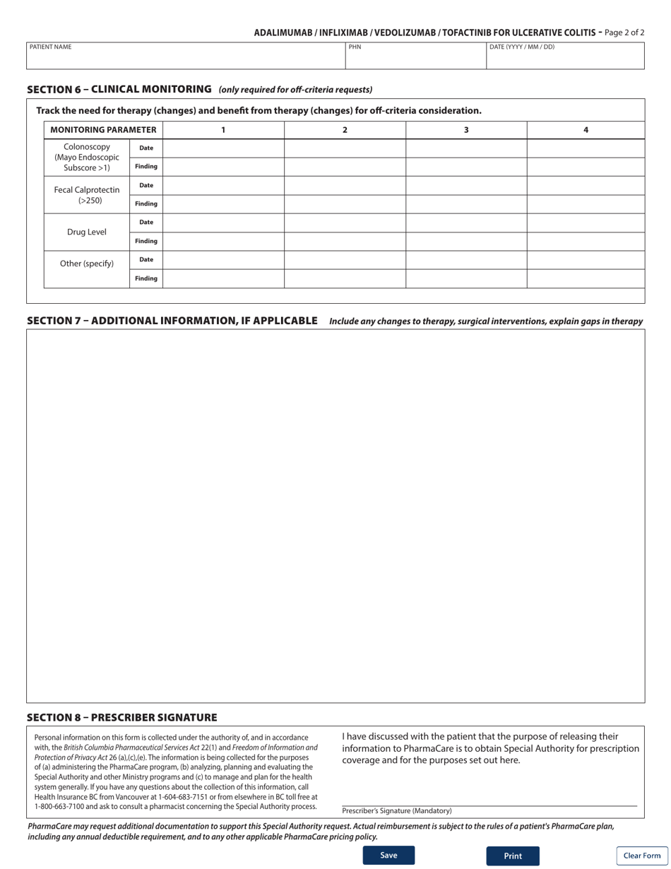 Form HLTH5497 Special Authority Request - Adalimumab / Infliximab / Vedolizumab / Tofactinib for Ulcerative Colitis - Renewal Coverage - British Columbia, Canada, Page 2