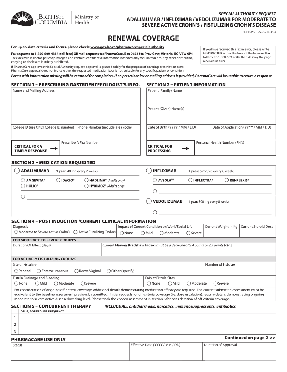 Form HLTH5495 Special Authority Request - Adalimumab / Infliximab / Vedolizumab for Moderate to Severe Active Crohns / Fistulizing Crohns Disease - Renewal Coverage - British Columbia, Canada, Page 1