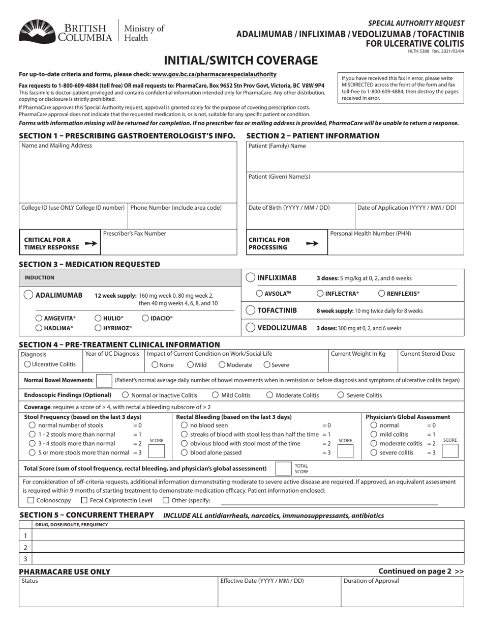 Form HLTH5388 Special Authority Request - Adalimumab / Infliximab / Vedolizumab / Tofactinib for Ulcerative Colitis - Initial / Switch Coverage - British Columbia, Canada, Page 1