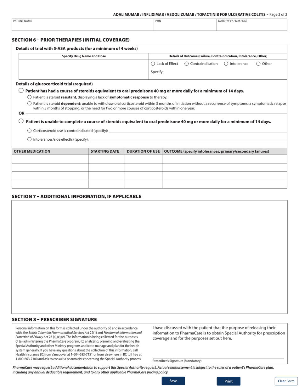 Form HLTH5388 Special Authority Request - Adalimumab / Infliximab / Vedolizumab / Tofactinib for Ulcerative Colitis - Initial / Switch Coverage - British Columbia, Canada, Page 2