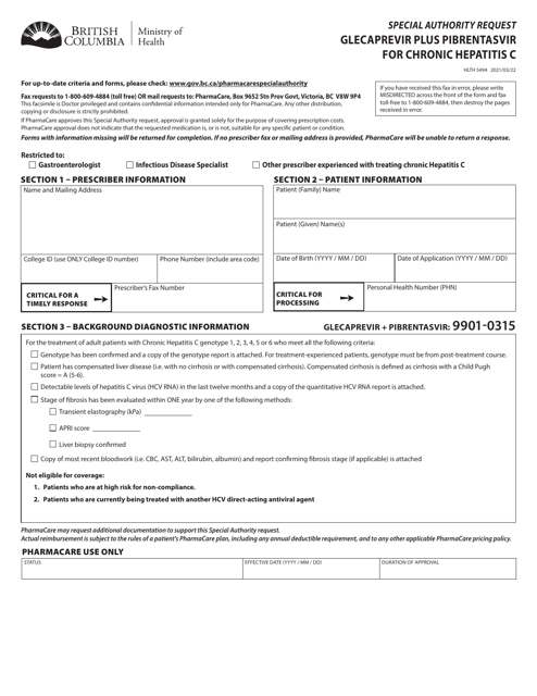 Form HLTH5494 Special Authority Request - Glecaprevir Plus Pibrentasvir for Chronic Hepatitis C - British Columbia, Canada