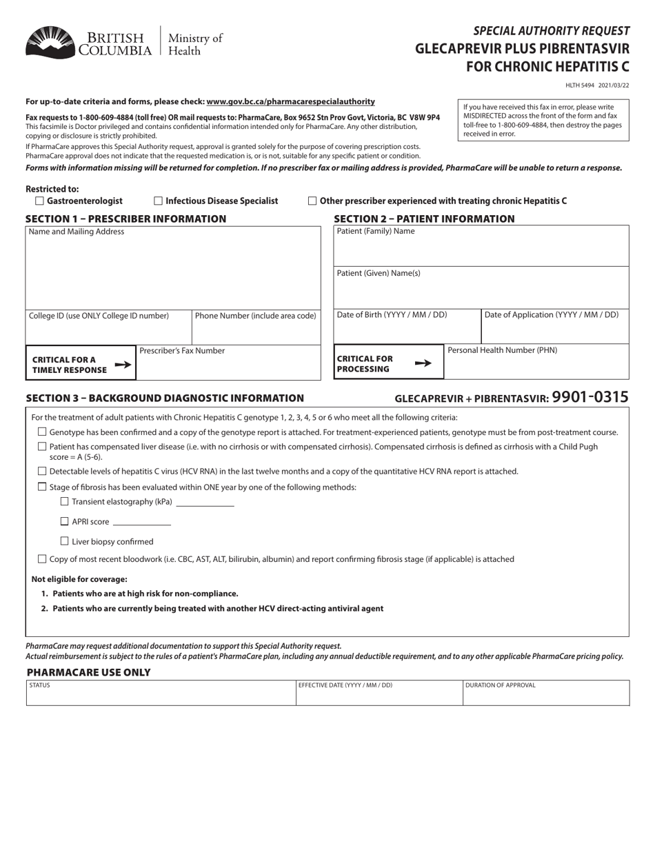 Form HLTH5494 Special Authority Request - Glecaprevir Plus Pibrentasvir for Chronic Hepatitis C - British Columbia, Canada, Page 1