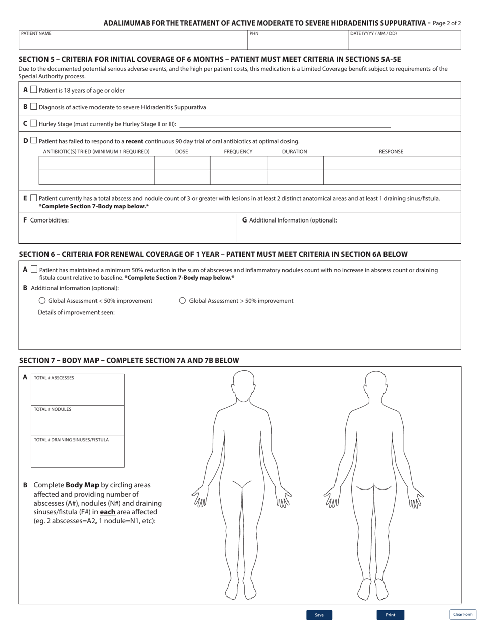 Form HLTH5485 Special Authority Request - Adalimumab for the Treatment of Active Moderate to Severe Hidradenitis Suppurativa - British Columbia, Canada, Page 2