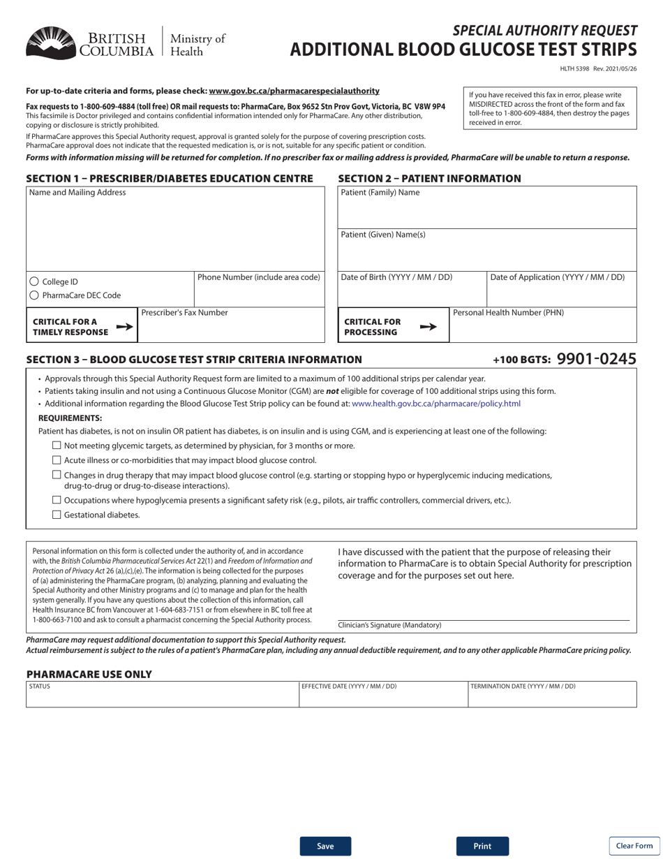 Form HLTH5398 Special Authority Request - Additional Blood Glucose Test Strips - British Columbia, Canada, Page 1