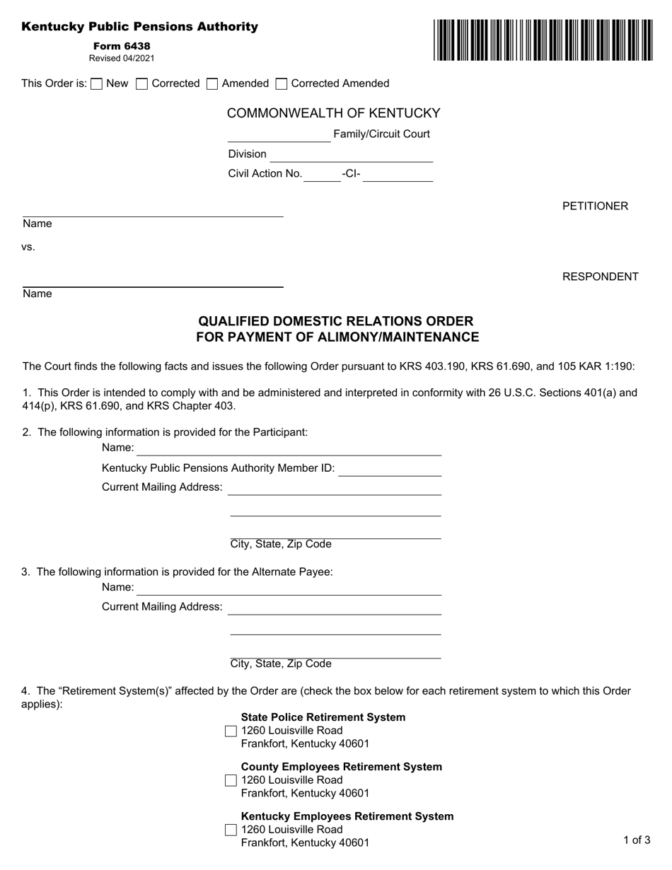Form 6438 Qualified Domestic Relations Order for Payment of Alimony / Maintenance - Kentucky, Page 2