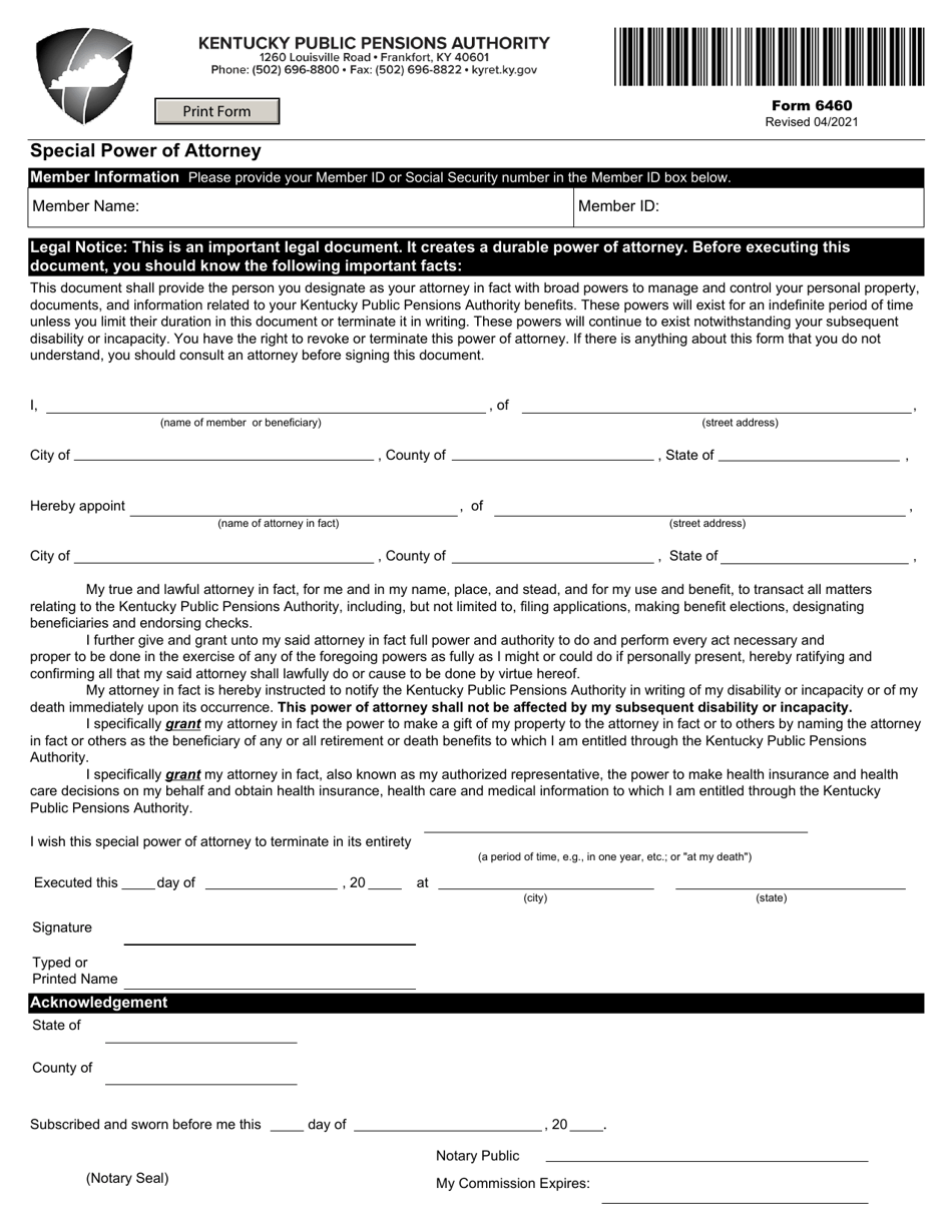 Form 6460 Special Power of Attorney - Kentucky, Page 1