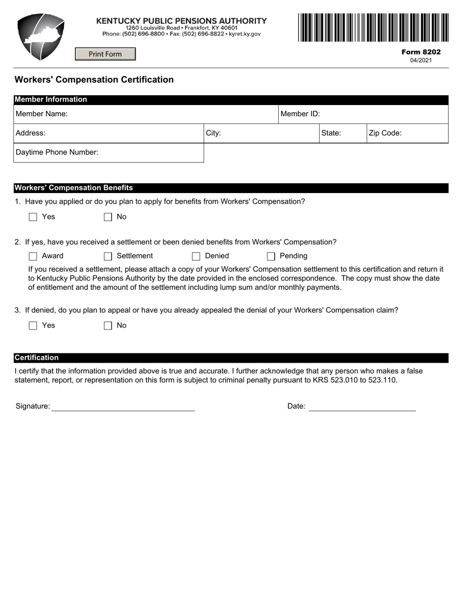 Form 8202 Workers Compensation Certification - Kentucky, Page 1
