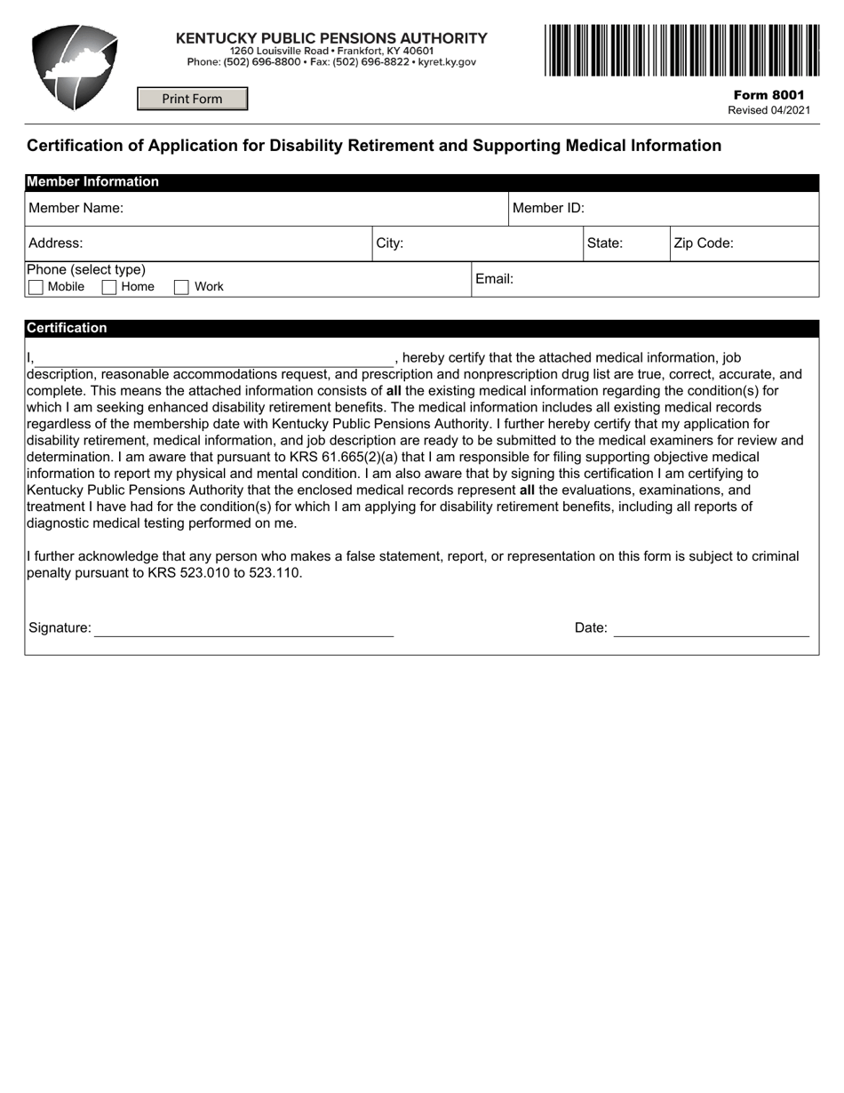 Form 8001 Certification of Application for Disability Retirement and Supporting Medical Information - Kentucky, Page 1