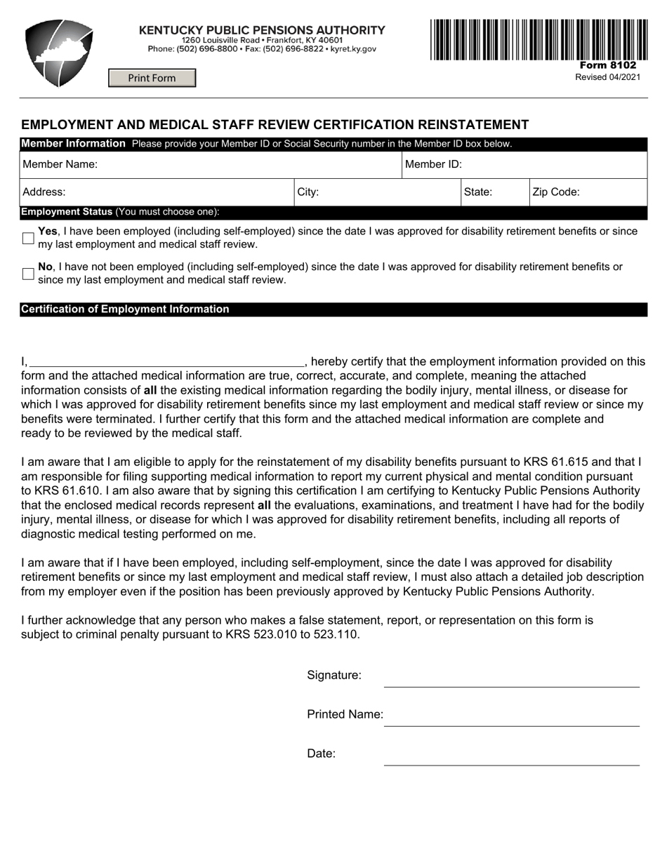 Form 8102 Employment and Medical Staff Review Certification Reinstatement - Kentucky, Page 1