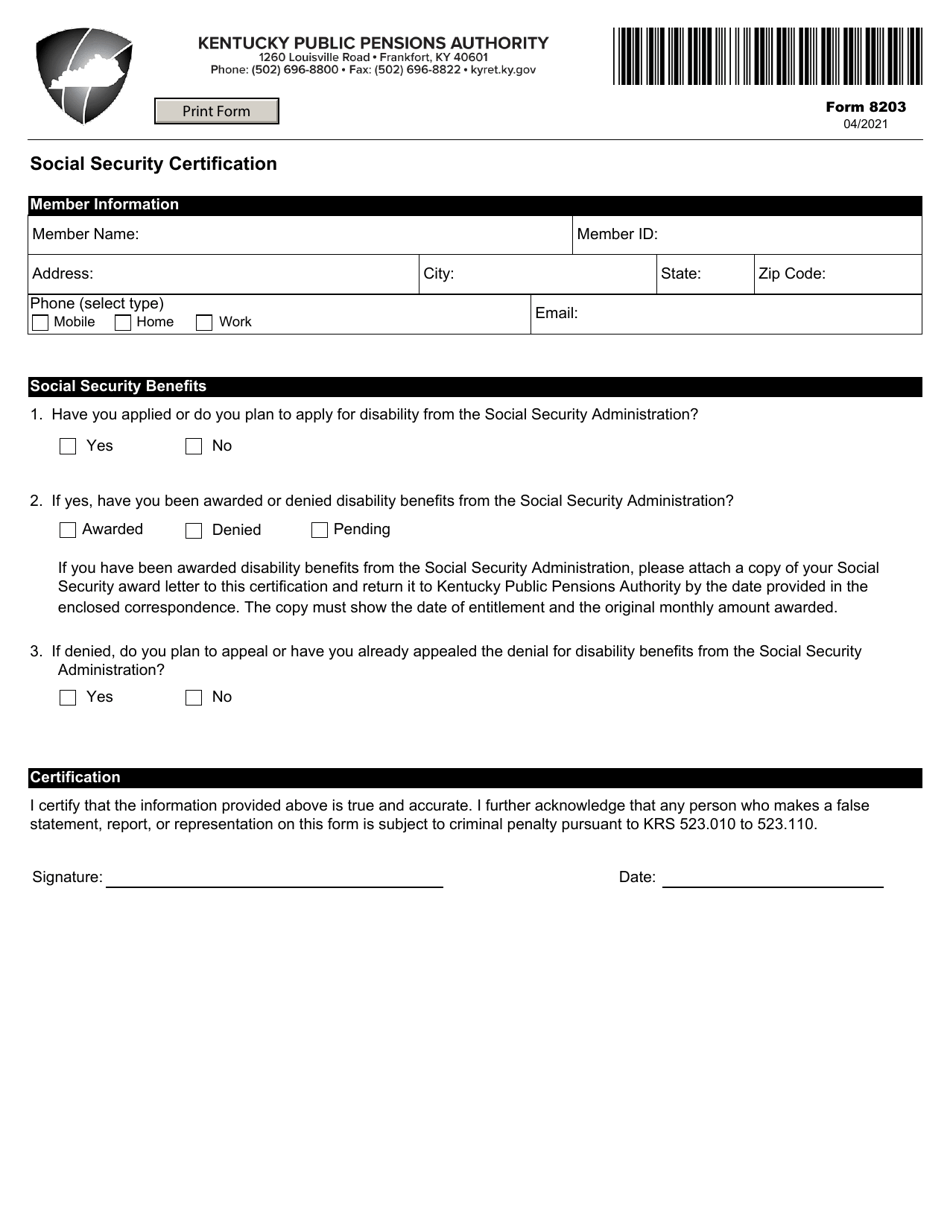 Form 8203 Social Security Certification - Kentucky, Page 1
