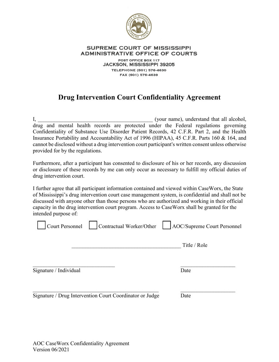 Drug Intervention Court Confidentiality Agreement - Mississippi, Page 1