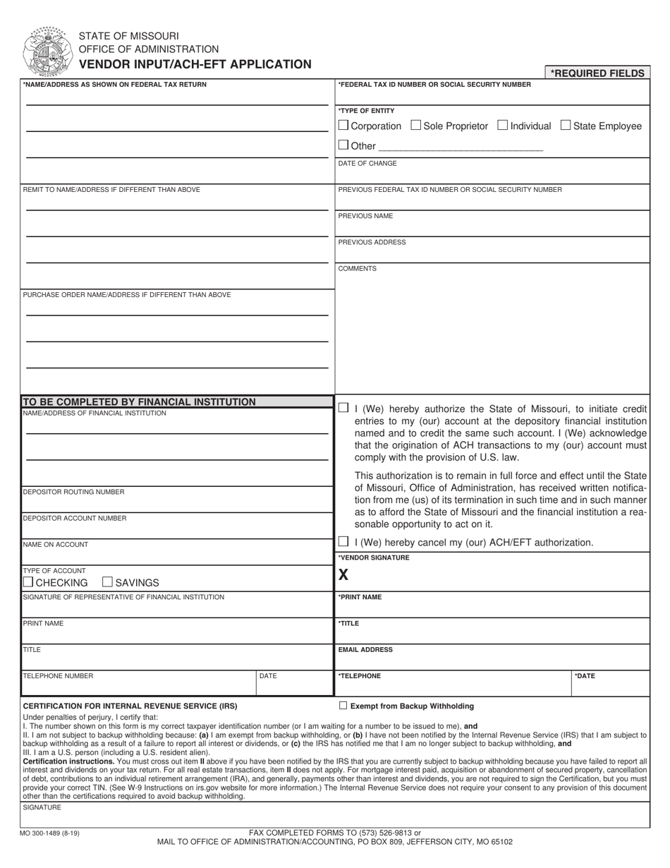 Form MO300-1489 Vendor Input / ACH-Eft Application - Missouri, Page 1