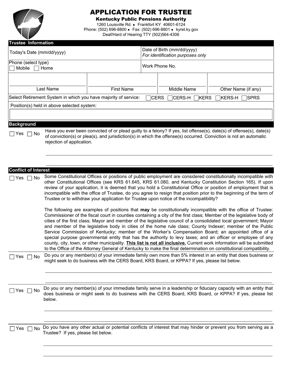 Application for Trustee - Kentucky, Page 1