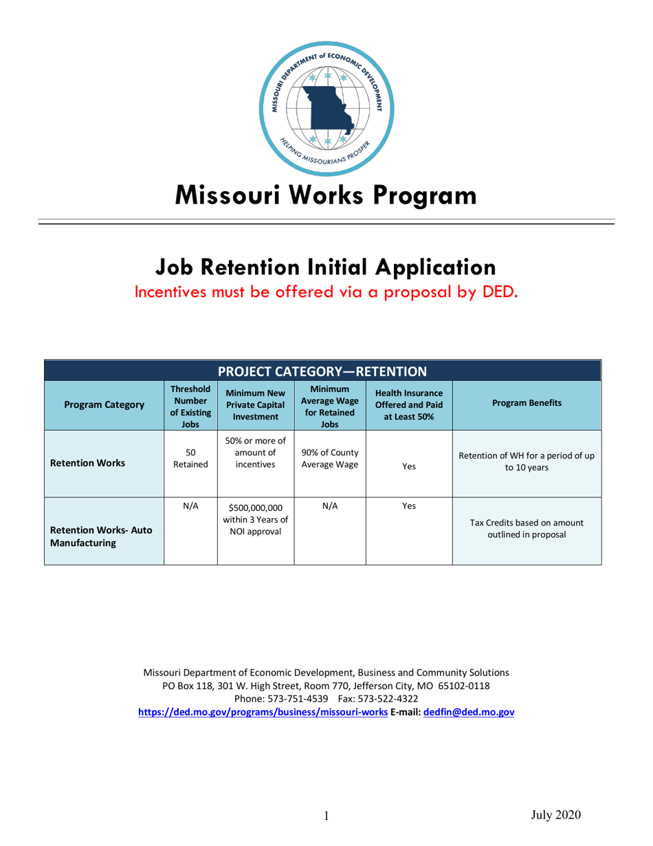 Job Retention Initial Application - Missouri, Page 1