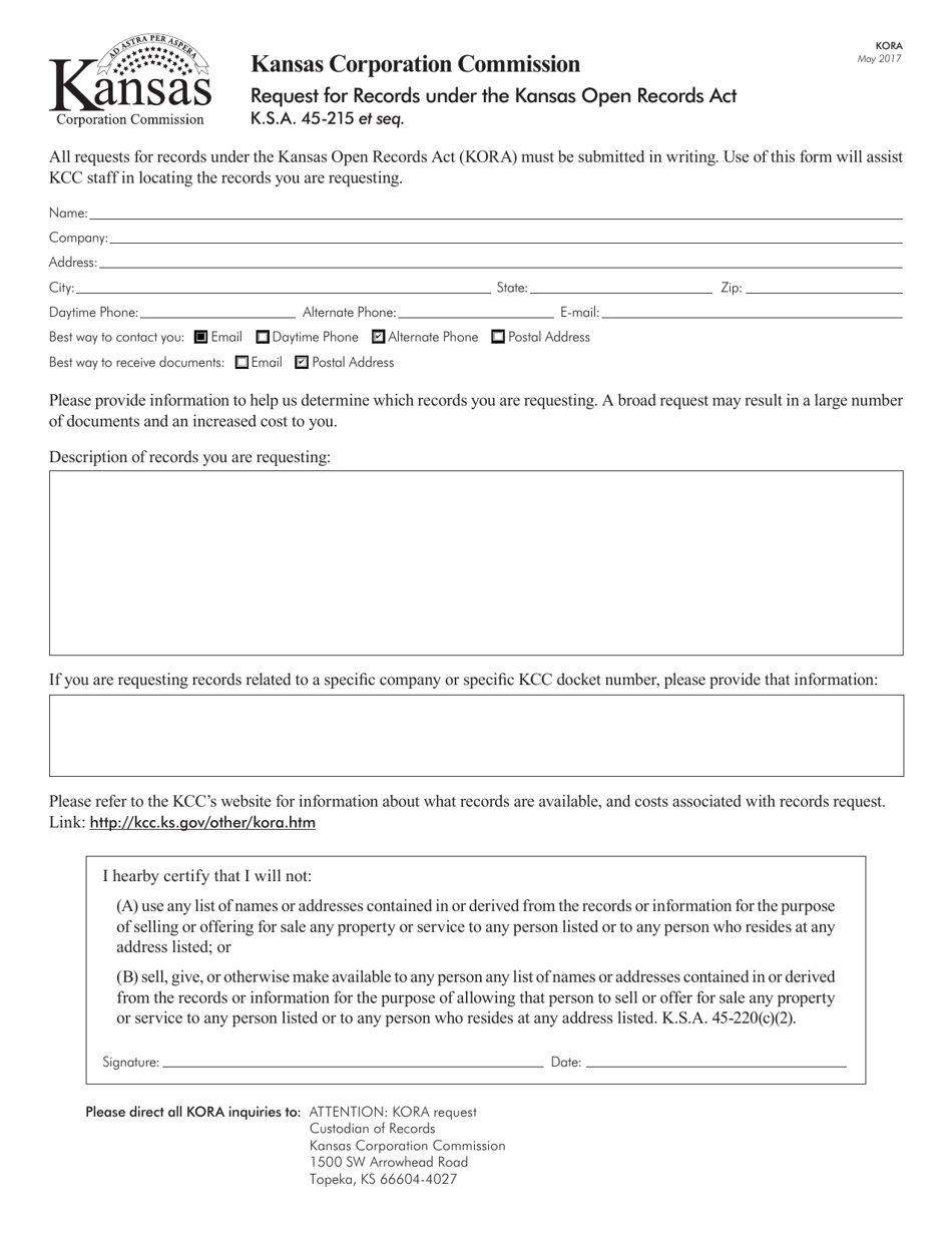 Form KORA Request for Records Under the Kansas Open Records Act - Kansas, Page 1