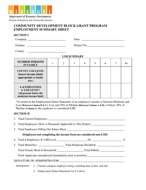Employment Summary Sheet - Community Development Block Grant Program - Missouri Download Pdf