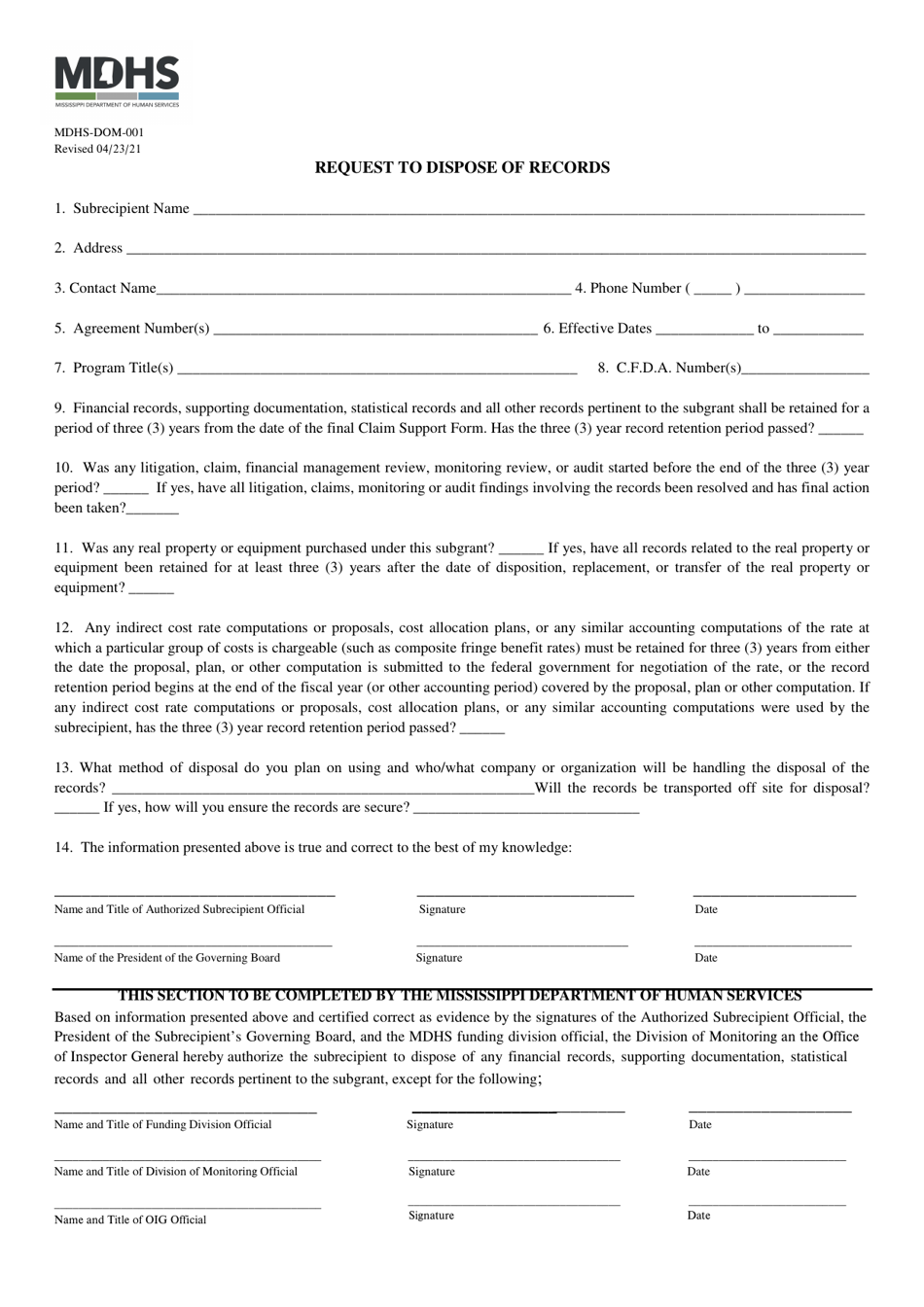 Form MDHS-DOM-001 Request to Dispose of Records - Mississippi, Page 1