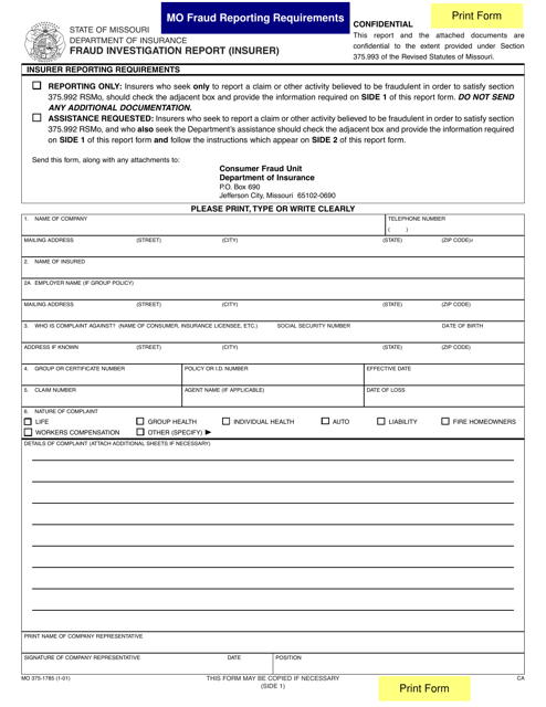 Form MO375-1785 Fraud Investigation Report (Insurer) - Missouri