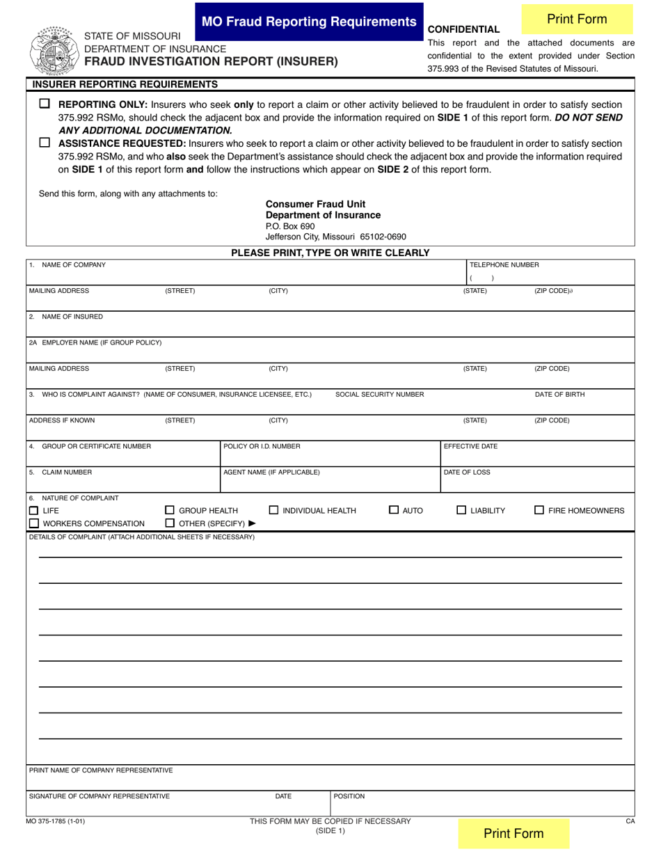 Form MO375-1785 Fraud Investigation Report (Insurer) - Missouri, Page 1