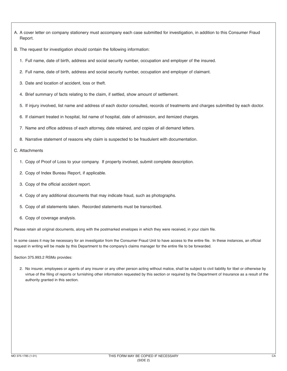 Form MO375-1785 Fraud Investigation Report (Insurer) - Missouri, Page 2
