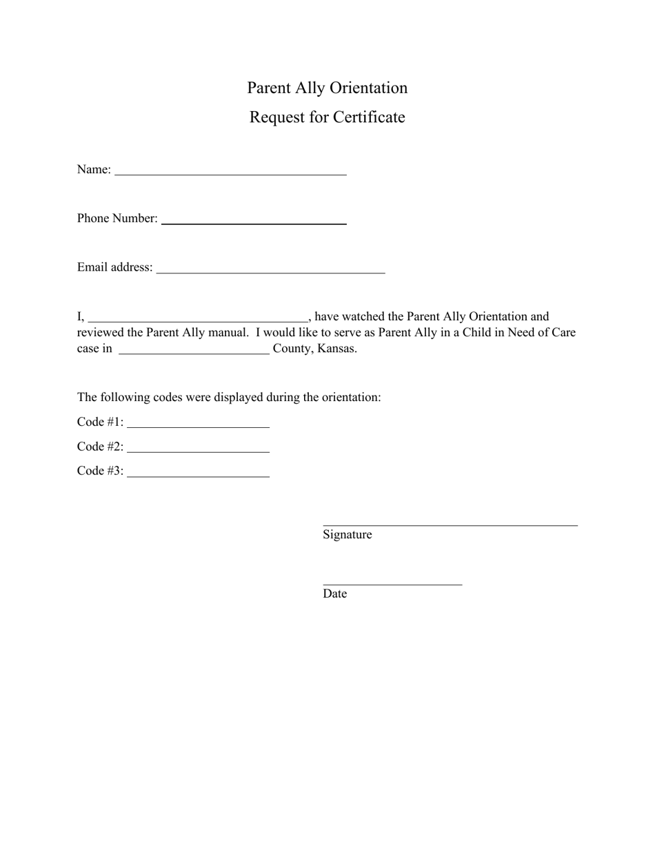 Parent Ally Orientation Request for Certificate - Kansas, Page 1