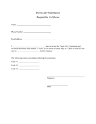 Document preview: Parent Ally Orientation Request for Certificate - Kansas