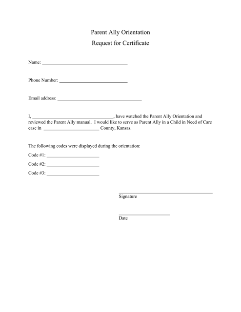Parent Ally Orientation Request for Certificate - Kansas Download Pdf