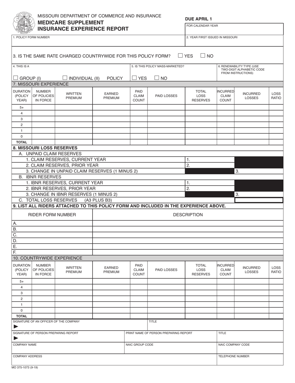Form MO375-1073 Medicare Supplement Insurance Experience Report - Missouri, Page 1