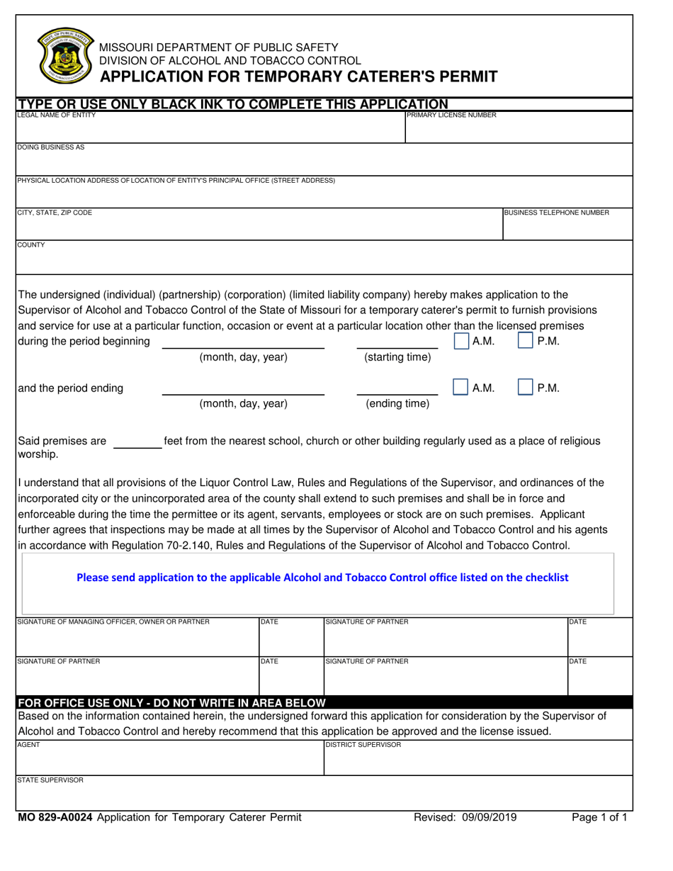 Form MO829-A0024 Application for Temporary Caterers Permit - Missouri, Page 1