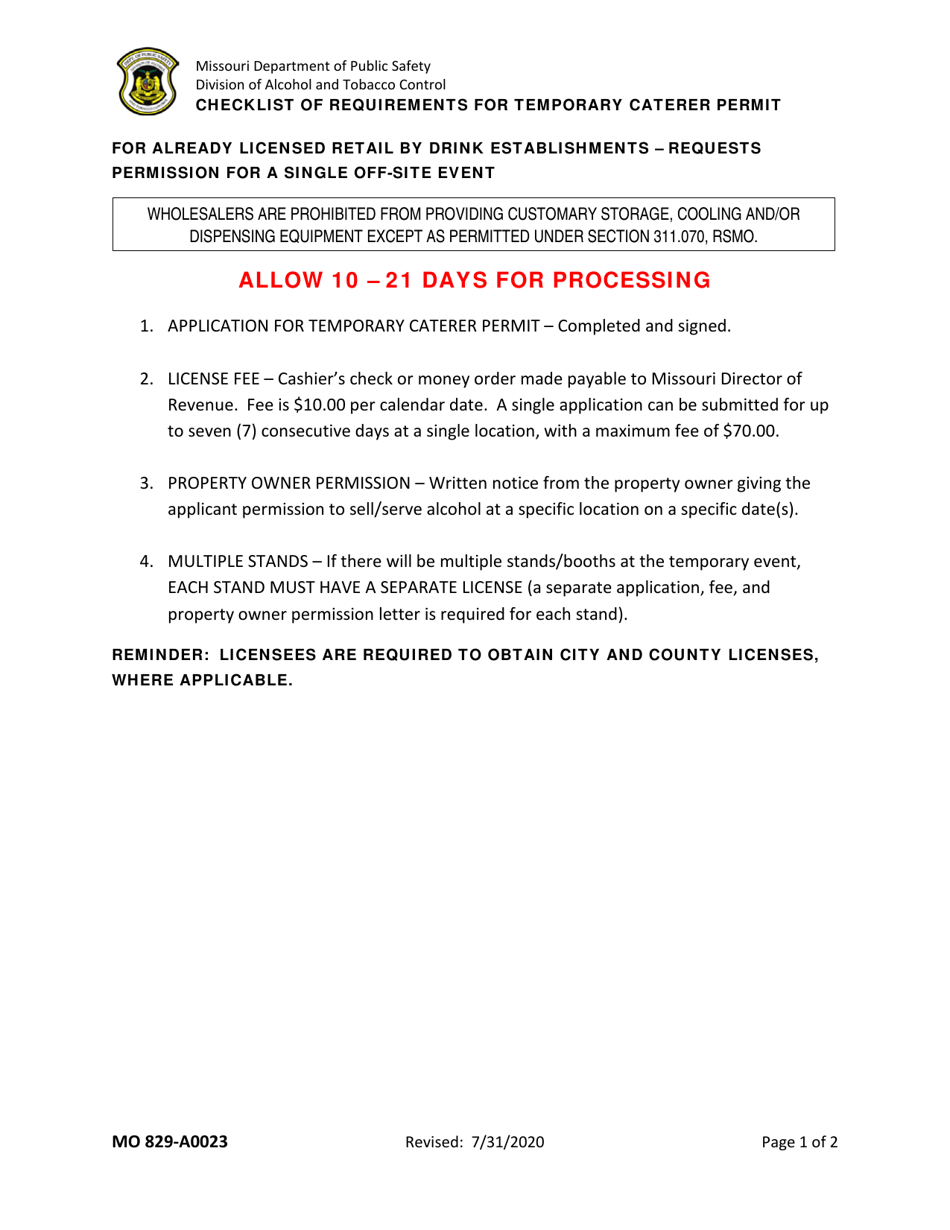 Form MO829-A0024 Application for Temporary Caterers Permit - Missouri, Page 2