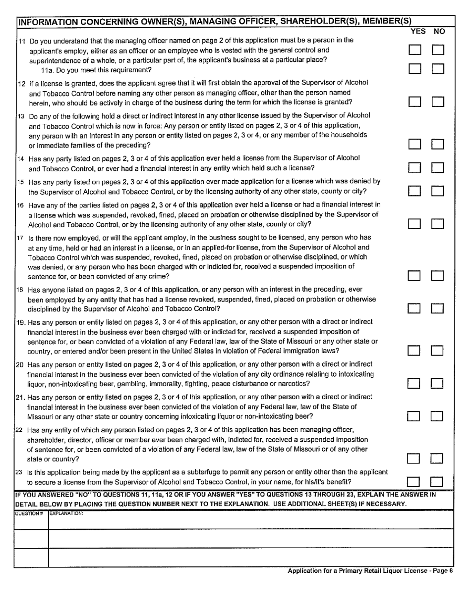 Form MO829-A0008 Application for a Primary Retail Liquor License - Missouri, Page 6