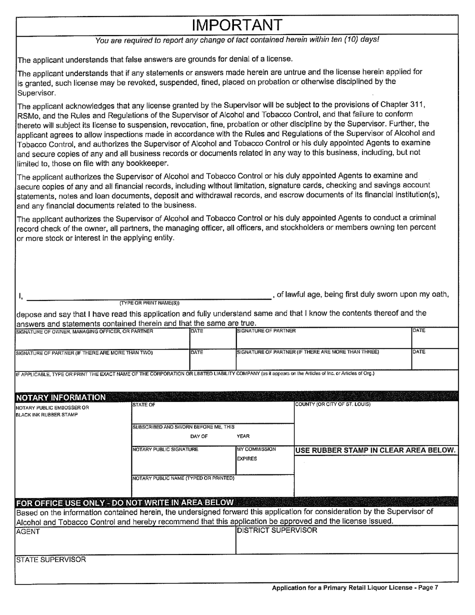 Form MO829-A0008 Application for a Primary Retail Liquor License - Missouri, Page 7