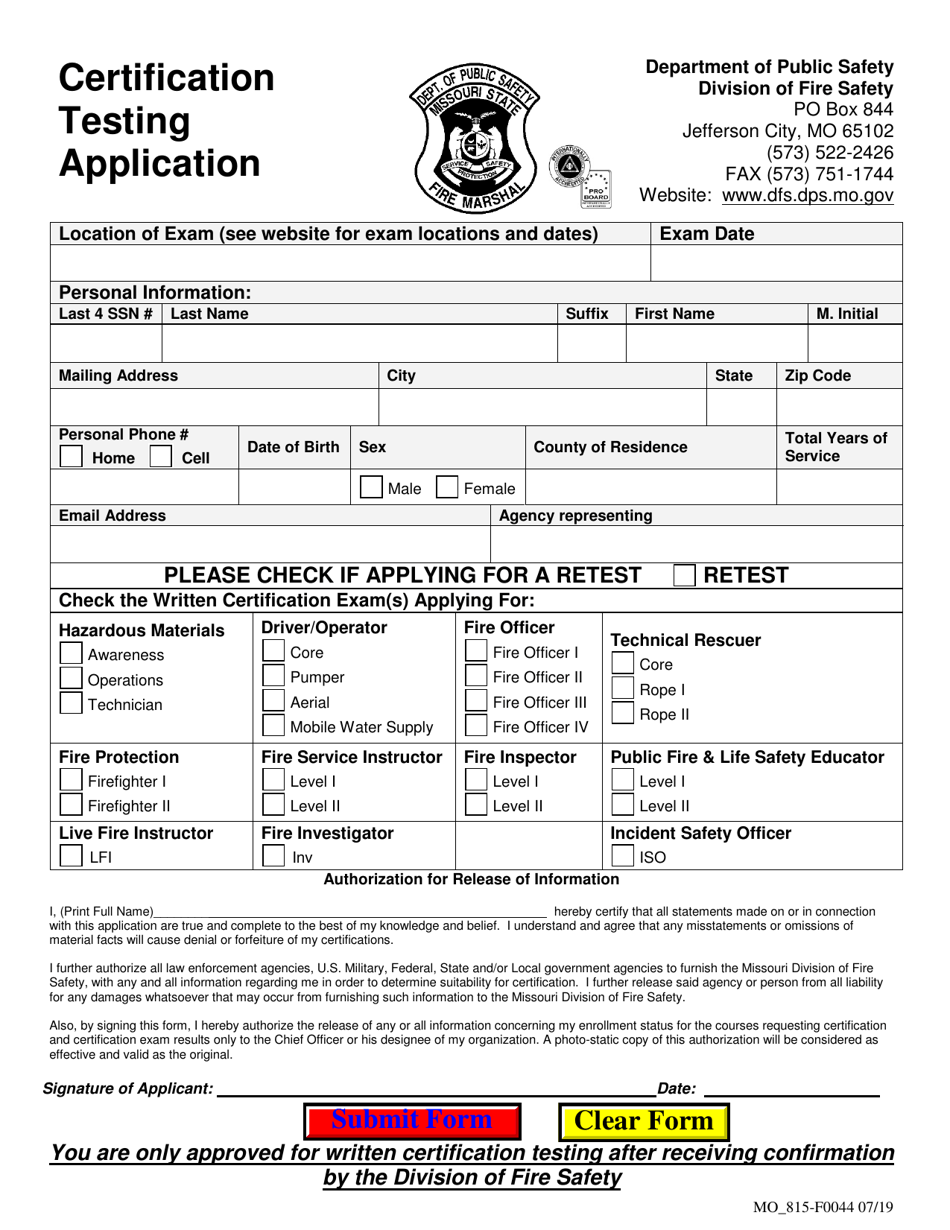 Form MO815-F0044 Certification Testing Application - Missouri, Page 1