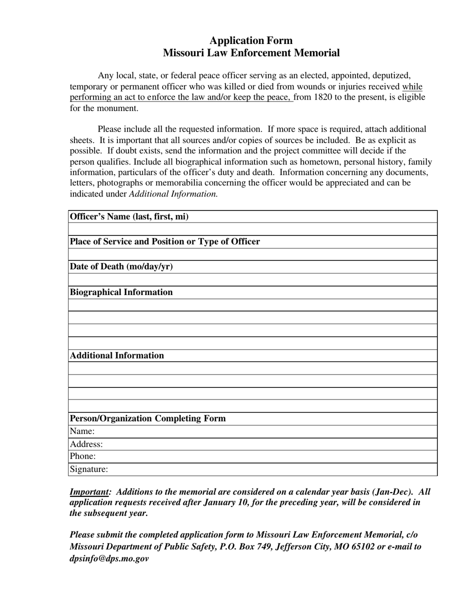 Missouri Law Enforcement Memorial Application Form - Missouri, Page 1