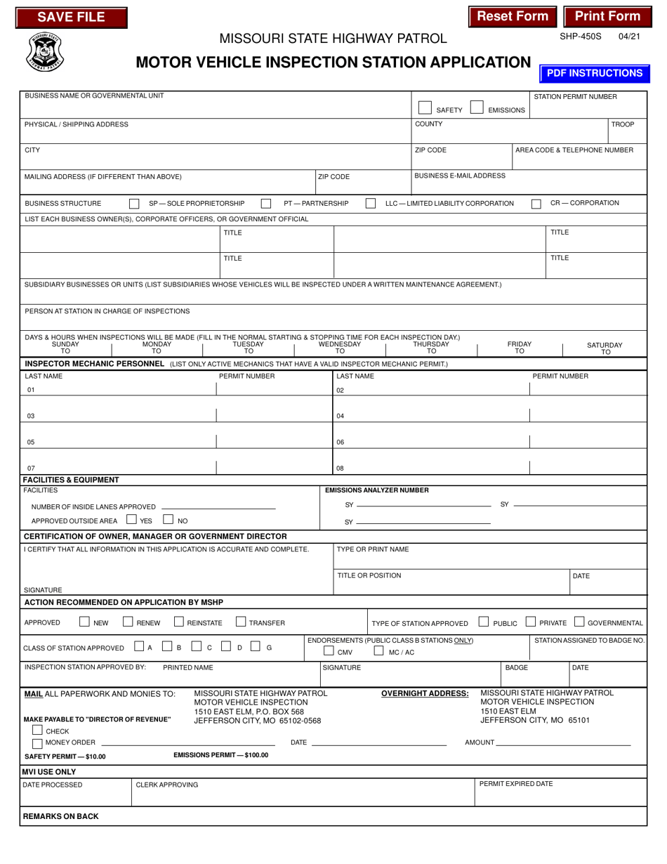 Form SHP-450S Motor Vehicle Inspection Station Application - Missouri, Page 1