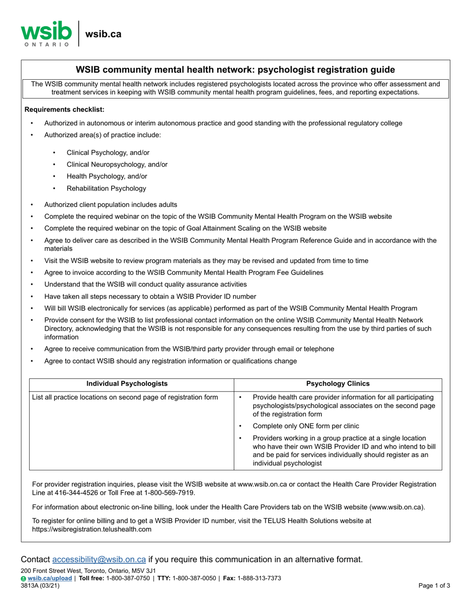 Form 3813A Wsib Community Mental Health Network Psychologist Registration Form - Ontario, Canada, Page 1