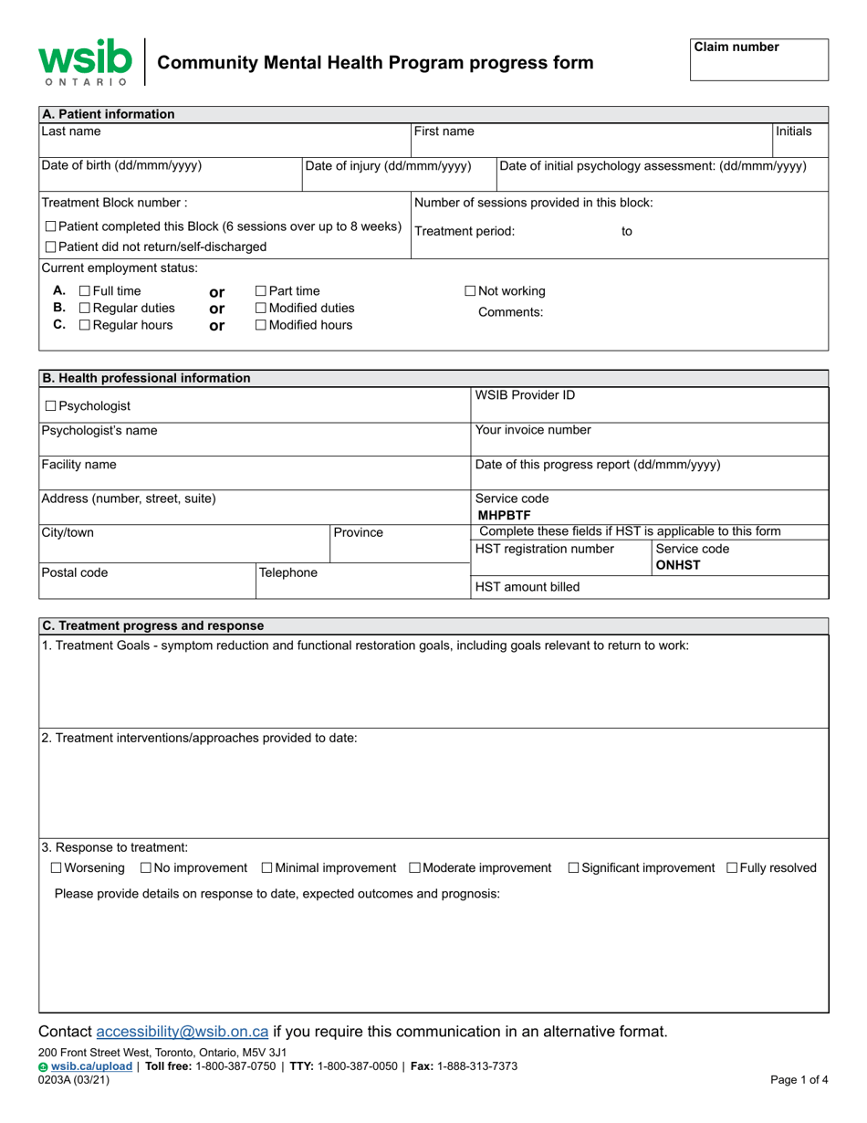 Form 0203A Community Mental Health Program Progress Form - Ontario, Canada, Page 1