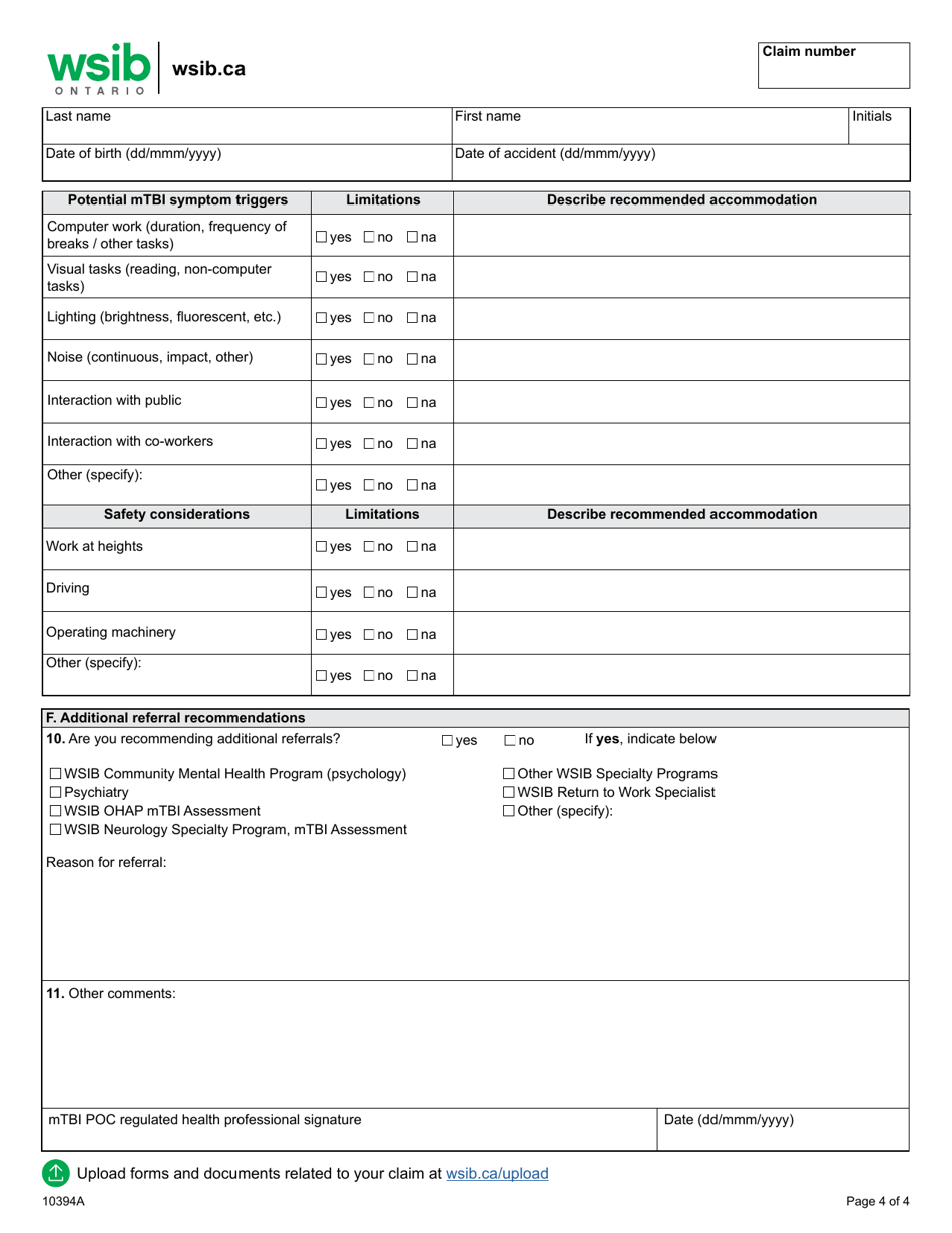 Form 10394A Mild Traumatic Brain Injury Program of Care (Mtbi Poc) Supplementary Record - Ontario, Canada, Page 4