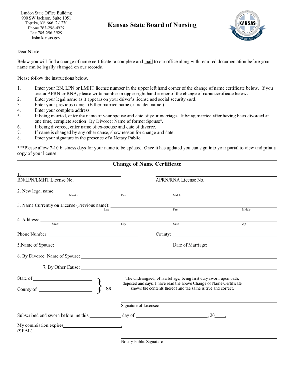 Change of Name Certificate - Kansas, Page 1