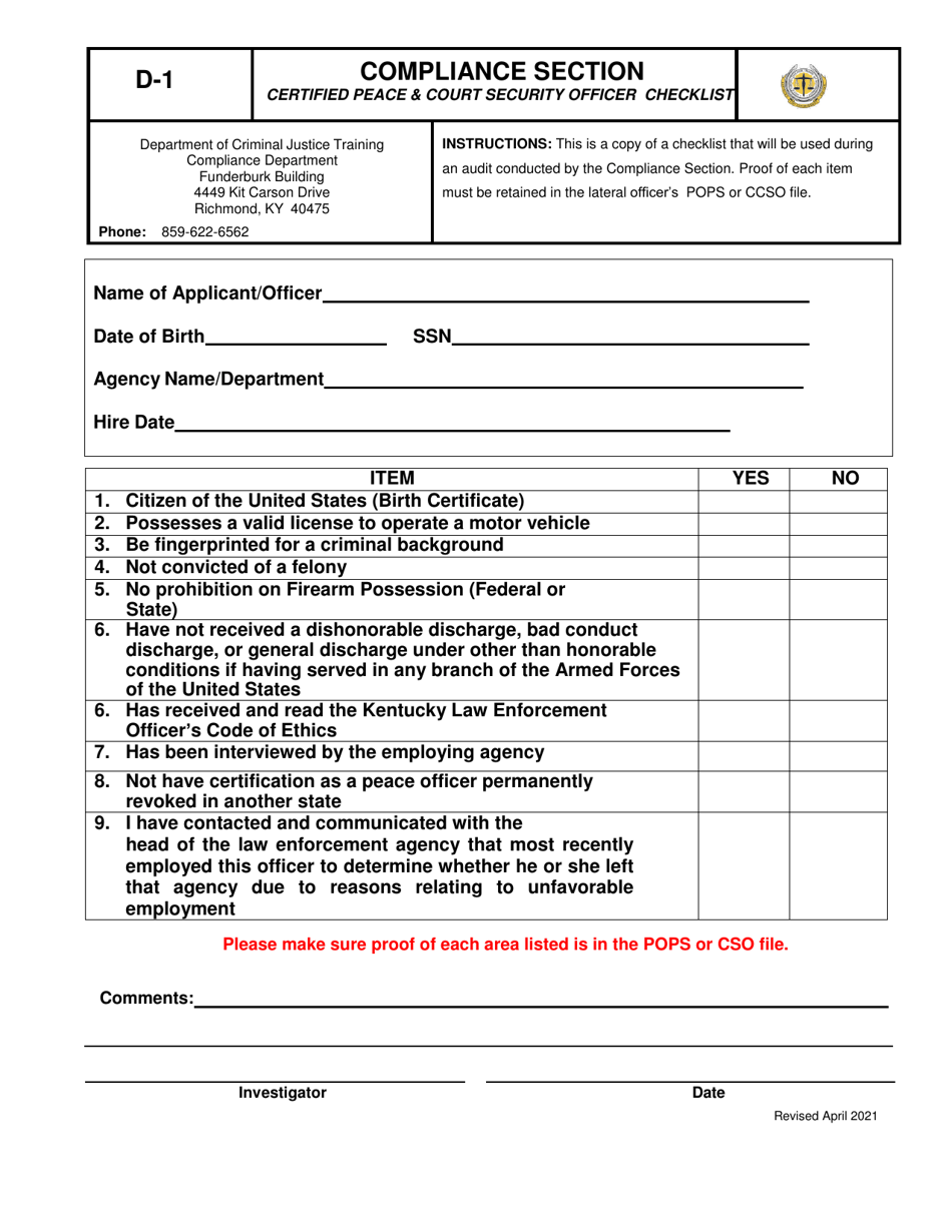 Form D-1 Certified Peace  Court Security Officer Checklist - Kentucky, Page 1
